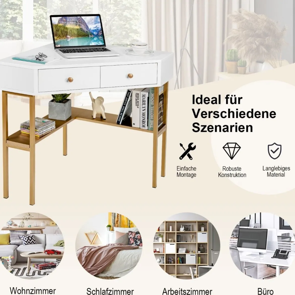 Platzsparender Eck Schreibarbeitstisch mit 2 Großen Schubladen und Ablagefläche für Kleine Räume Golden