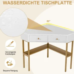 Platzsparender Eck Schreibarbeitstisch mit 2 Großen Schubladen und Ablagefläche für Kleine Räume Golden