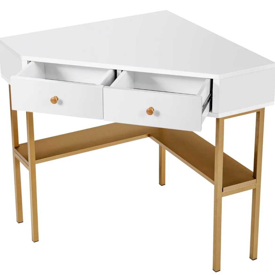 Platzsparender Eck Schreibarbeitstisch mit 2 Großen Schubladen und Ablagefläche für Kleine Räume Golden