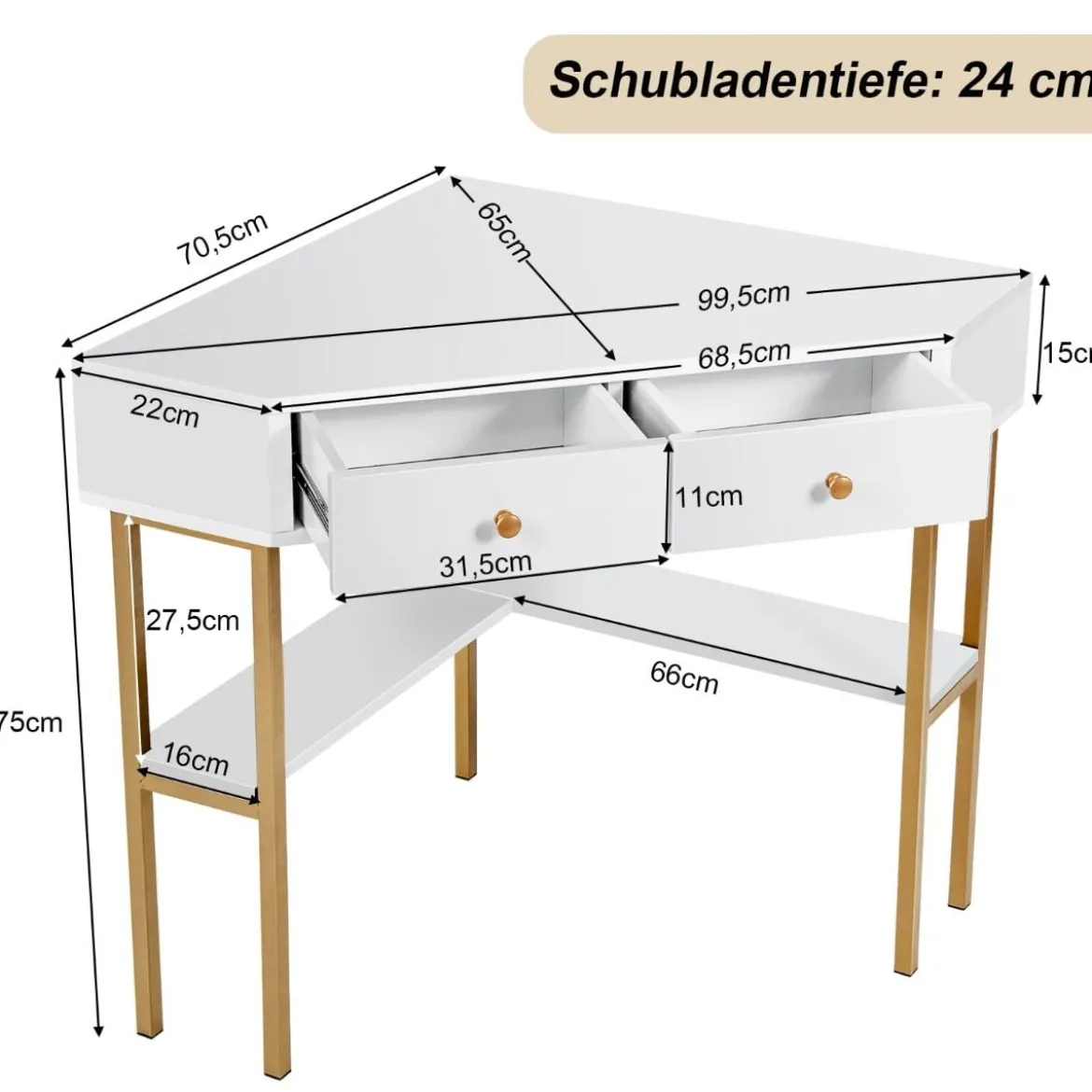 Platzsparender Eck Schreibarbeitstisch mit 2 Großen Schubladen und Ablagefläche für Kleine Räume Weiß