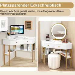 Platzsparender Eck Schreibarbeitstisch mit 2 Großen Schubladen und Ablagefläche für Kleine Räume Weiß