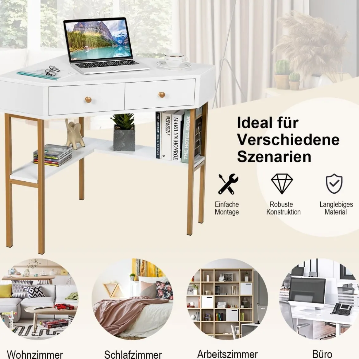 Platzsparender Eck Schreibarbeitstisch mit 2 Großen Schubladen und Ablagefläche für Kleine Räume Weiß