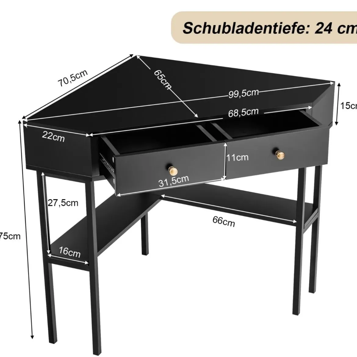 Platzsparender Eck Schreibarbeitstisch mit 2 Großen Schubladen und Ablagefläche für Kleine Räume Schwarz