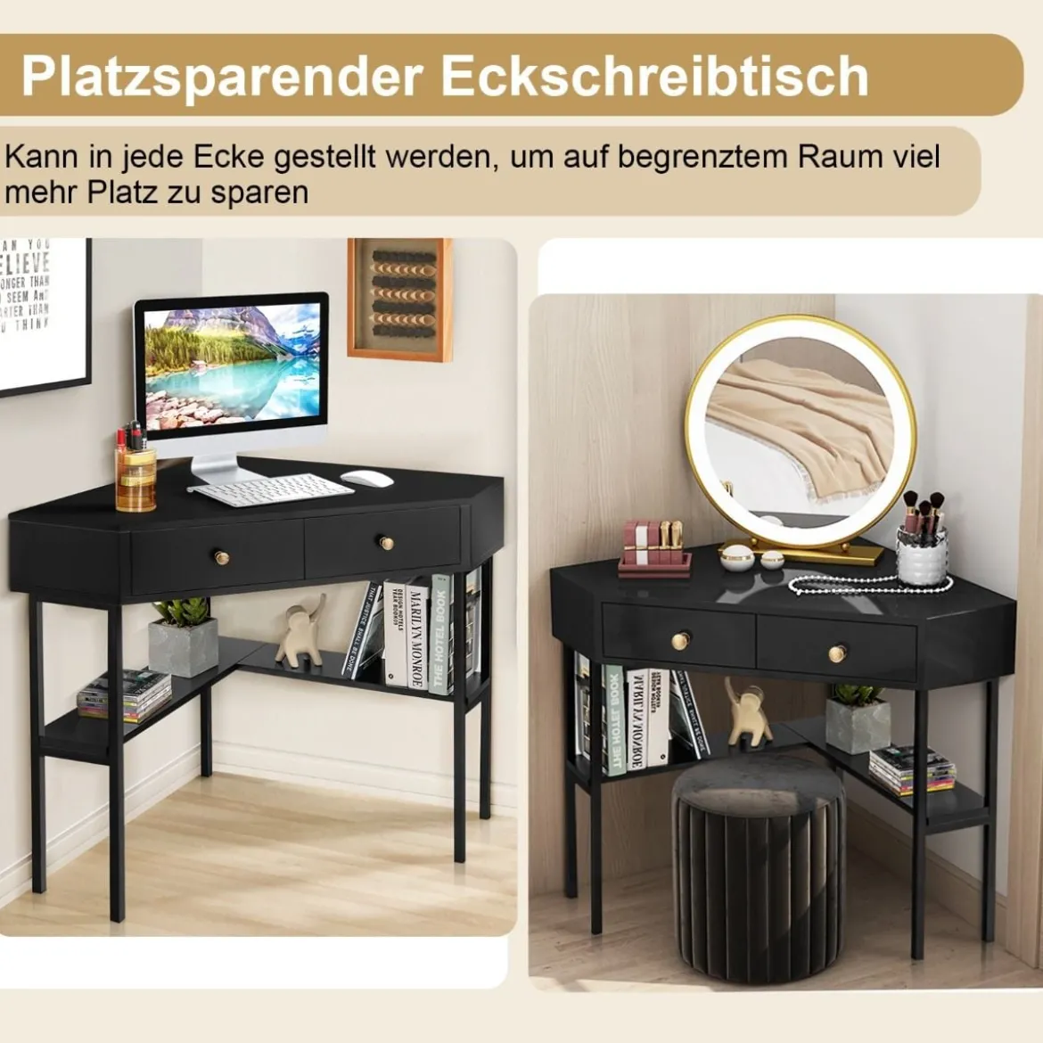 Platzsparender Eck Schreibarbeitstisch mit 2 Großen Schubladen und Ablagefläche für Kleine Räume Schwarz