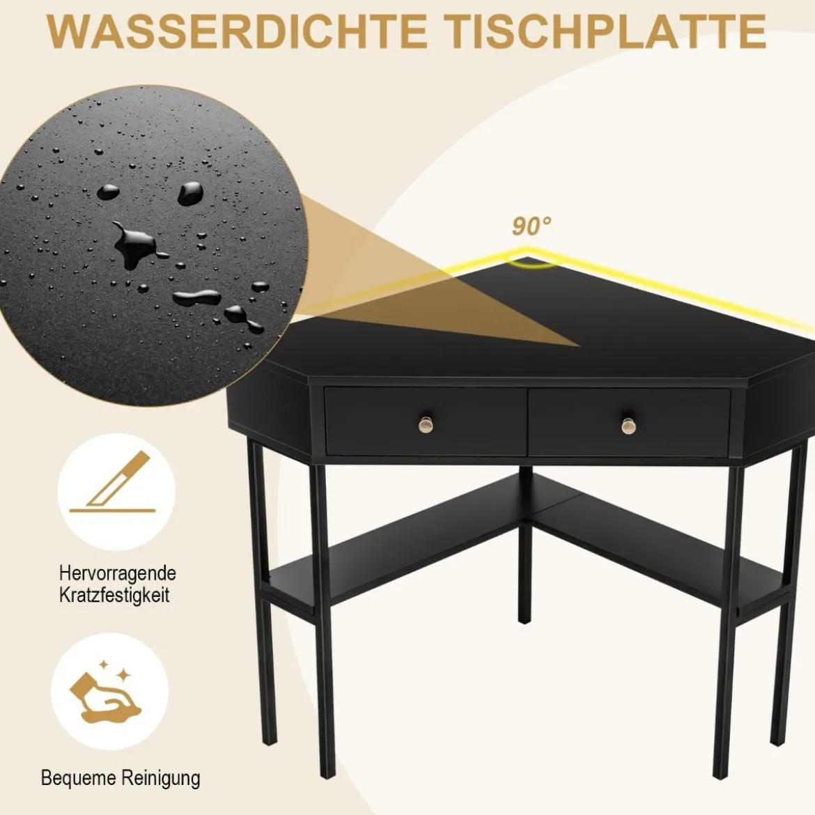 Platzsparender Eck Schreibarbeitstisch mit 2 Großen Schubladen und Ablagefläche für Kleine Räume Schwarz