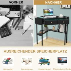 Platzsparender Eck Schreibarbeitstisch mit 2 Großen Schubladen und Ablagefläche für Kleine Räume Schwarz