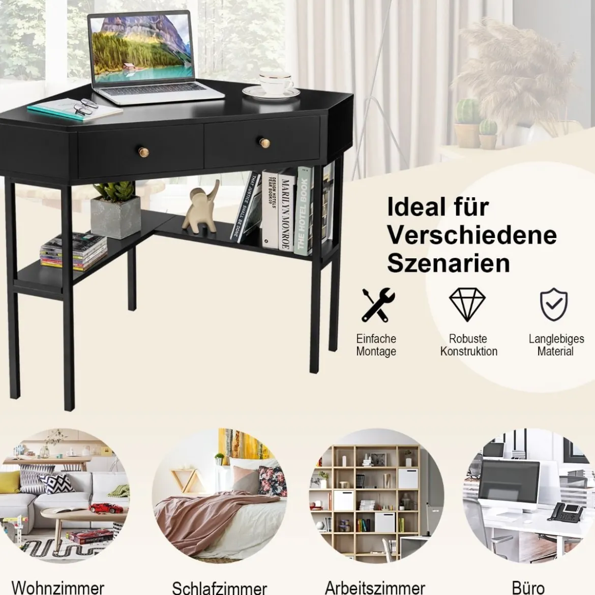 Platzsparender Eck Schreibarbeitstisch mit 2 Großen Schubladen und Ablagefläche für Kleine Räume Schwarz