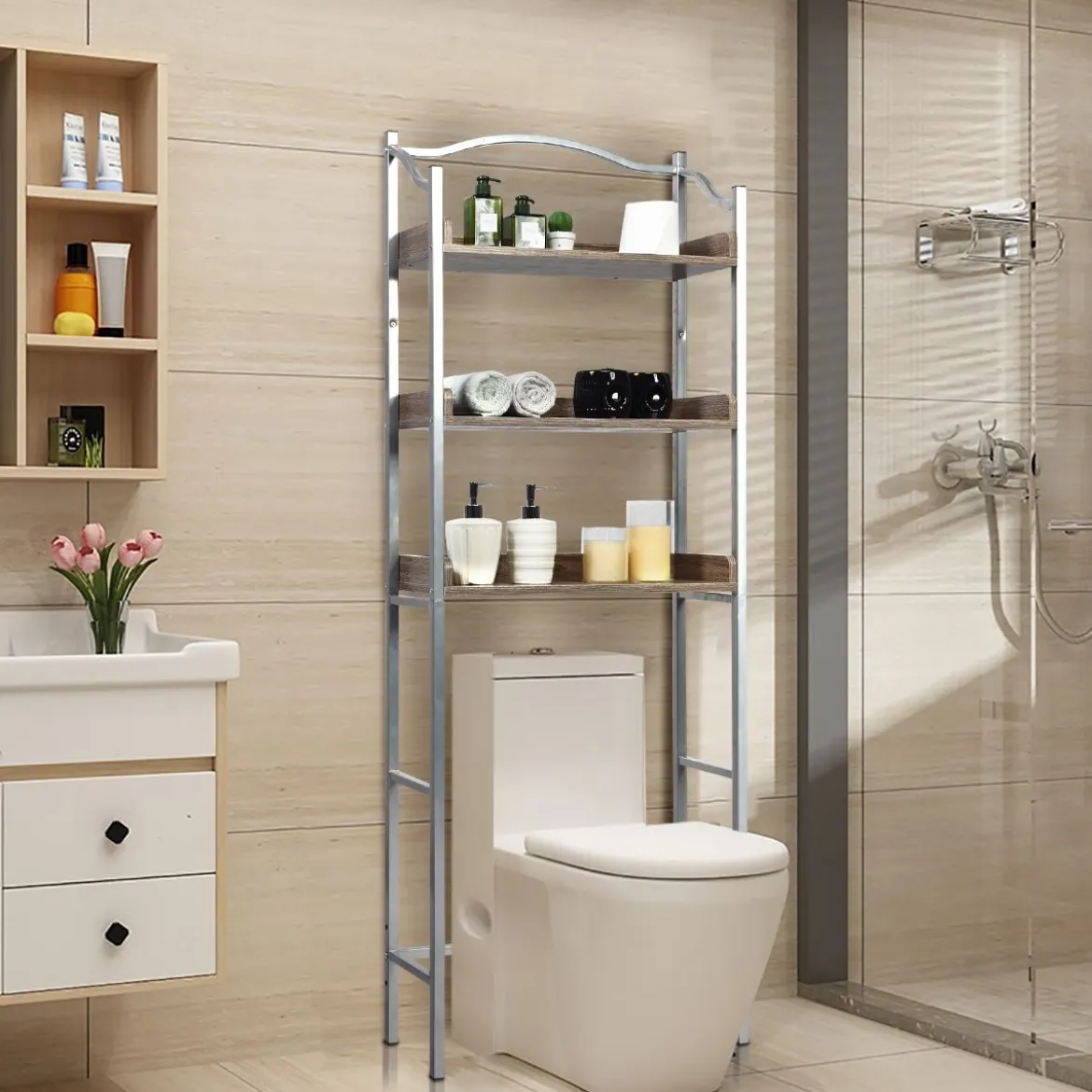 Platzsparendes Toilettenregal 3-stöckiges Badezimmerregal 61 x 22,5 x 167,5 cm Silber + Braun