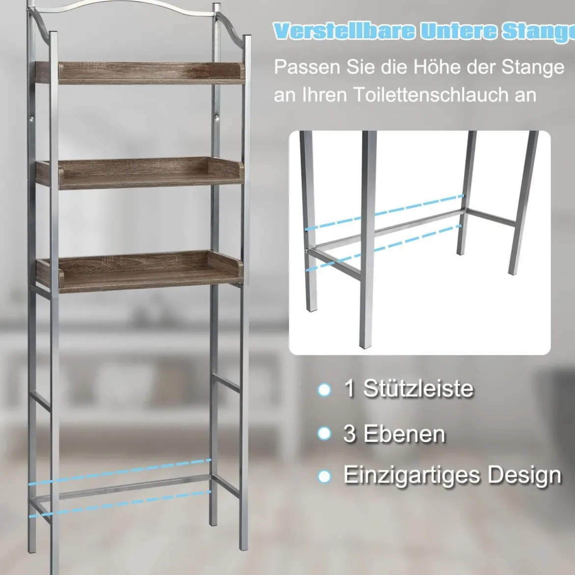 Platzsparendes Toilettenregal 3-stöckiges Badezimmerregal 61 x 22,5 x 167,5 cm Silber + Braun