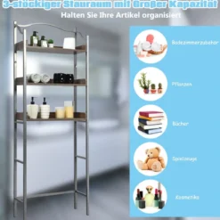 Platzsparendes Toilettenregal 3-stöckiges Badezimmerregal 61 x 22,5 x 167,5 cm Silber + Braun