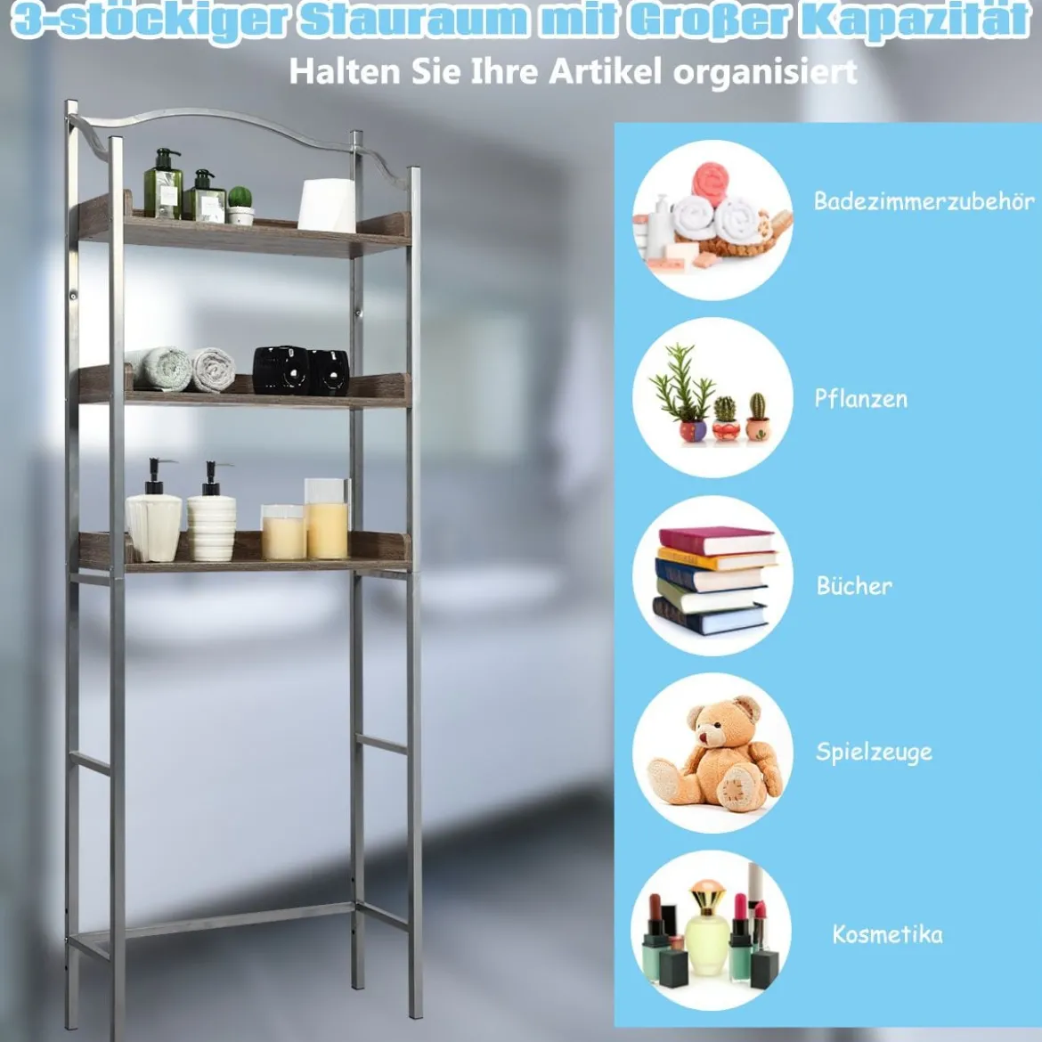 Platzsparendes Toilettenregal 3-stöckiges Badezimmerregal 61 x 22,5 x 167,5 cm Silber + Braun