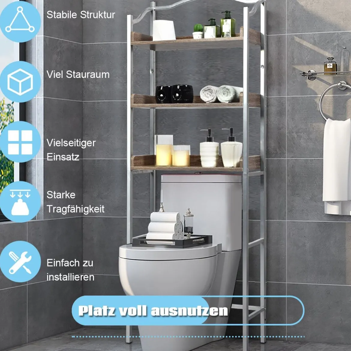 Platzsparendes Toilettenregal 3-stöckiges Badezimmerregal 61 x 22,5 x 167,5 cm Silber + Braun
