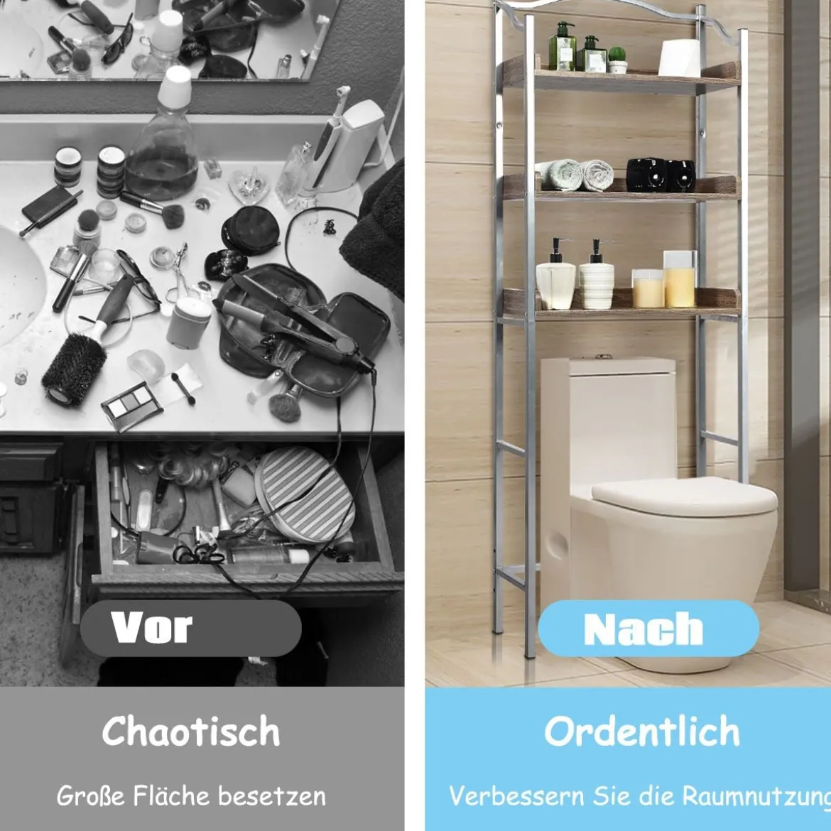 Platzsparendes Toilettenregal 3-stöckiges Badezimmerregal 61 x 22,5 x 167,5 cm Silber + Braun