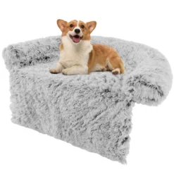 Plüschbett für Hunde mit rutschfester Unterseite abnehmbarem waschbarem Bezug & weicher Nackenrolle kleine 101 x 89 cm Grau-weiß
