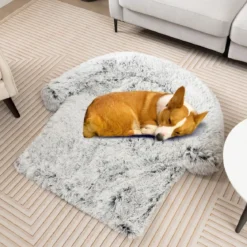 Plüschbett für Hunde mit rutschfester Unterseite abnehmbarem waschbarem Bezug & weicher Nackenrolle kleine 101 x 89 cm Grau-weiß