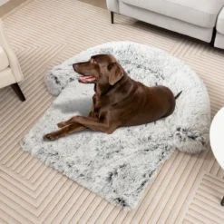 Plüschbett für Hunde mit rutschfester Unterseite abnehmbarem waschbarem Bezug & weicher Nackenrolle große 115 x 120 cm Grau-weiß