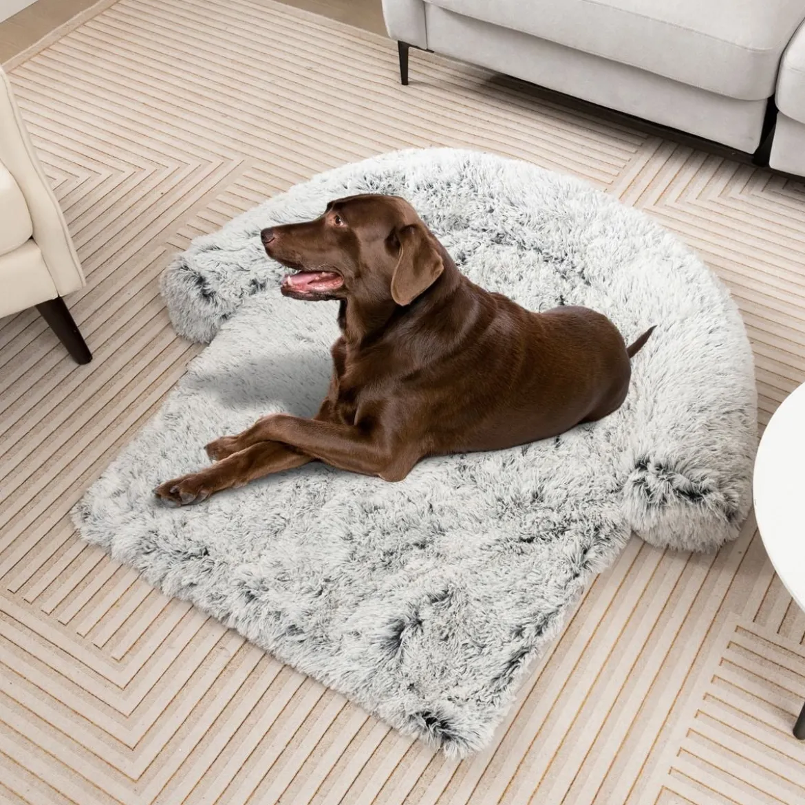 Plüschbett für Hunde mit rutschfester Unterseite abnehmbarem waschbarem Bezug & weicher Nackenrolle große 115 x 120 cm Grau-weiß