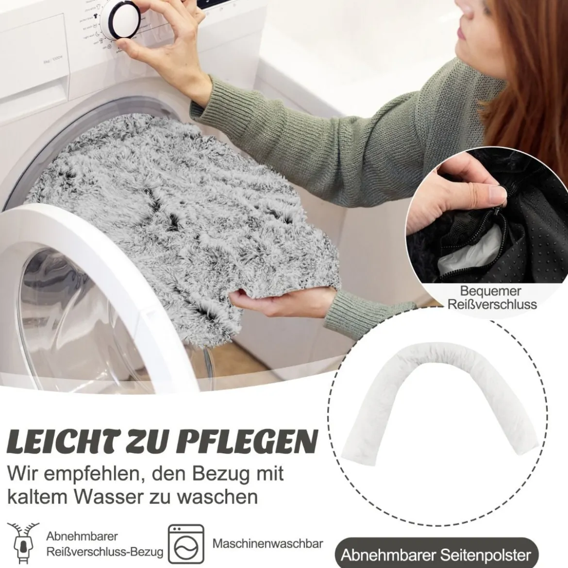 Plüschbett für Hunde mit rutschfester Unterseite abnehmbarem waschbarem Bezug & weicher Nackenrolle große 115 x 120 cm Grau-weiß