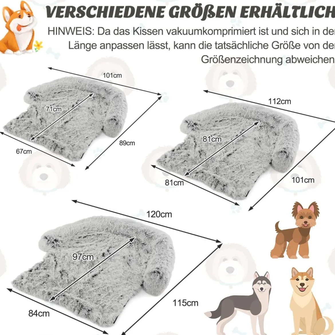 Plüschbett für Hunde mit rutschfester Unterseite abnehmbarem waschbarem Bezug & weicher Nackenrolle große 115 x 120 cm Grau-weiß