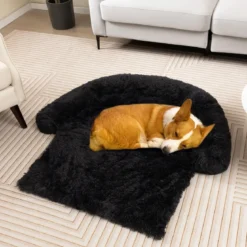 Plüschbett für Hunde mit rutschfester Unterseite abnehmbarem waschbarem Bezug & weicher Nackenrolle kleine 101 x 89 cm Schwarz