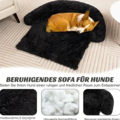 Plüschbett für Hunde mit rutschfester Unterseite abnehmbarem waschbarem Bezug & weicher Nackenrolle kleine 101 x 89 cm Schwarz