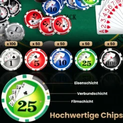 Pokerset mit 300 Laser-Chips & Pokerkoffer & 2 Spielkarten & 2 Schlüsseln Poker Komplett Set