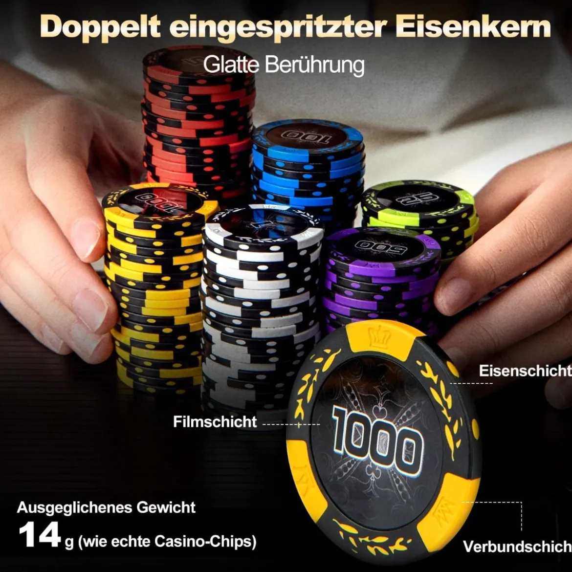 Pokerset mit 500 Laser-Chips & 2 Spielkarten & 5 Würfeln & 3 Händler-Chips & 2 Schlüsseln Pokerkoffer