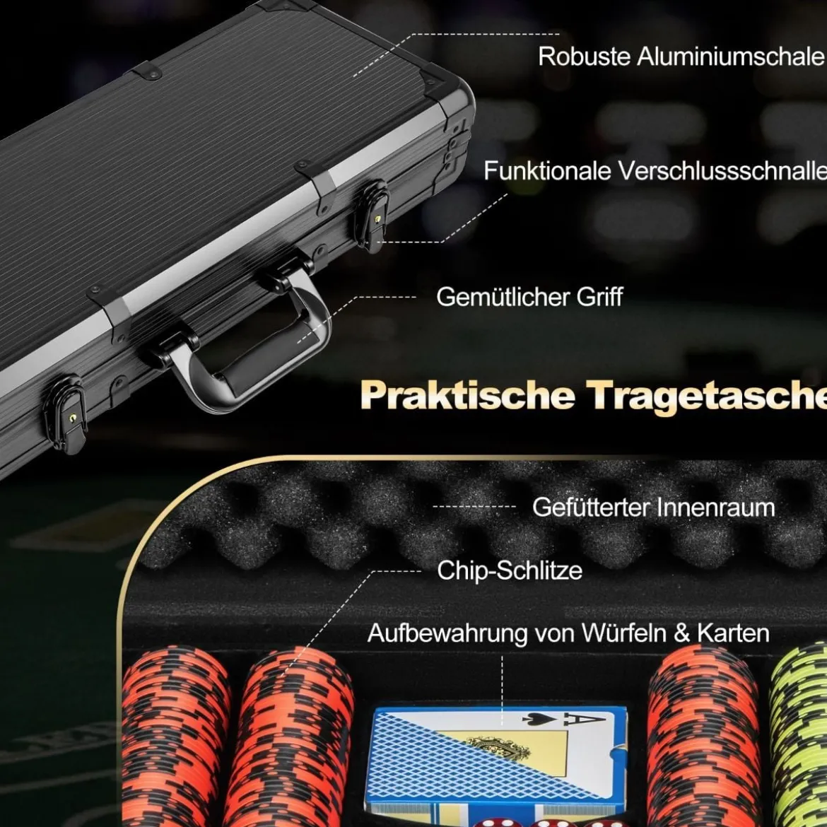 Pokerset mit 500 Laser-Chips & 2 Spielkarten & 5 Würfeln & 3 Händler-Chips & 2 Schlüsseln Pokerkoffer