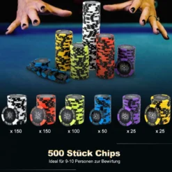 Pokerset mit 500 Laser-Chips & 2 Spielkarten & 5 Würfeln & 3 Händler-Chips & 2 Schlüsseln Pokerkoffer