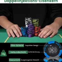 Pokerset mit 300 Laser-Chips & Spielkarten & 5 Würfeln & 3 Händler-Chips & 2 Schlüsseln Pokerkoffer