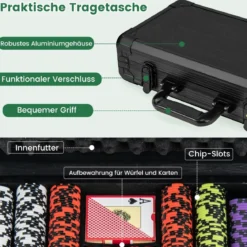 Pokerset mit 300 Laser-Chips & Spielkarten & 5 Würfeln & 3 Händler-Chips & 2 Schlüsseln Pokerkoffer