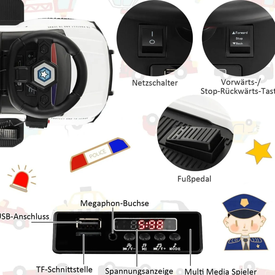Polizei Elektroauto für Kinder 6V Elektrisches Kinderauto mit Stauraum Schwarz/Rosa/Weiß