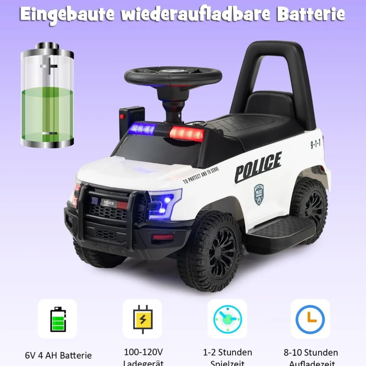 Polizei Elektroauto für Kinder 6V Elektrisches Kinderauto mit Stauraum Schwarz/Rosa/Weiß