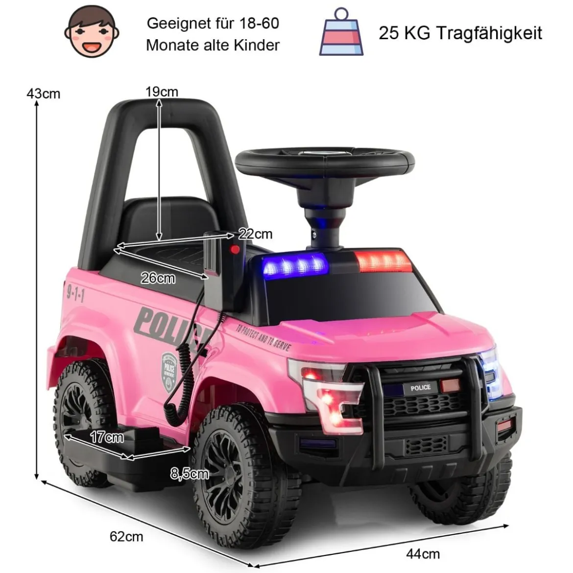 Polizei Elektroauto für Kinder 6V Elektrisches Kinderauto mit Stauraum Schwarz/Rosa/Weiß