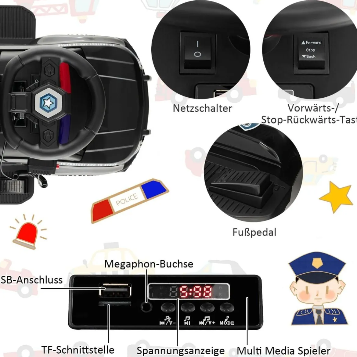 Polizei Elektroauto für Kinder 6V Elektrisches Kinderauto mit Stauraum Schwarz/Rosa/Weiß