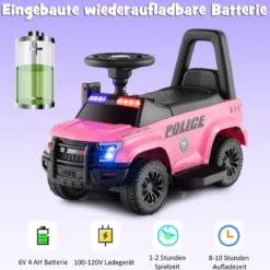 Polizei Elektroauto für Kinder 6V Elektrisches Kinderauto mit Stauraum Schwarz/Rosa/Weiß