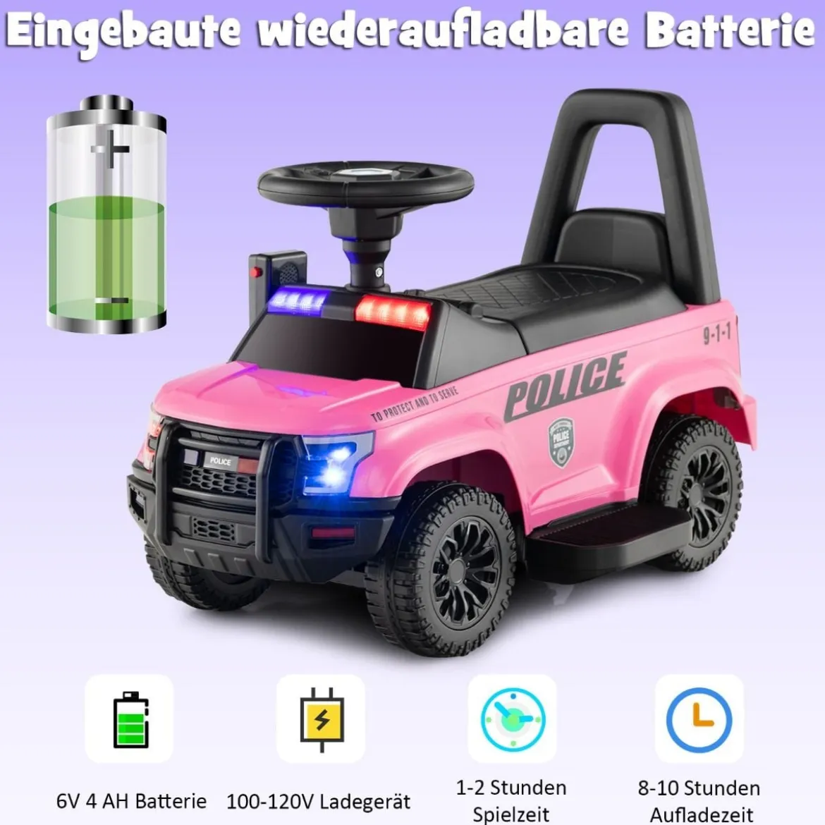 Polizei Elektroauto für Kinder 6V Elektrisches Kinderauto mit Stauraum Schwarz/Rosa/Weiß