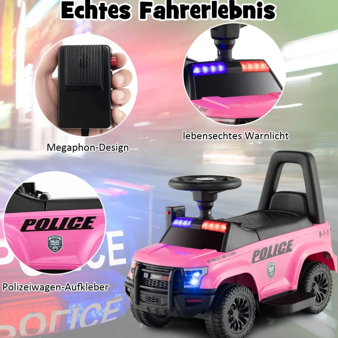 Polizei Elektroauto für Kinder 6V Elektrisches Kinderauto mit Stauraum Schwarz/Rosa/Weiß
