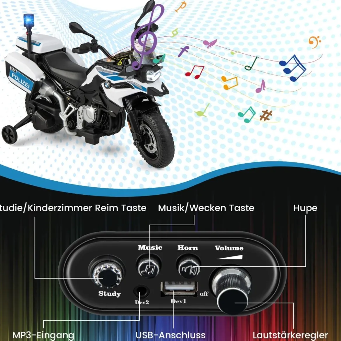 Polizeimotorrad für Kinder Akkubetriebenes Motorrad mit 2 Stützrädern 110 x 82,5 x 63 cm Weiß