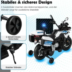 Polizeimotorrad für Kinder Akkubetriebenes Motorrad mit 2 Stützrädern 110 x 82,5 x 63 cm Weiß