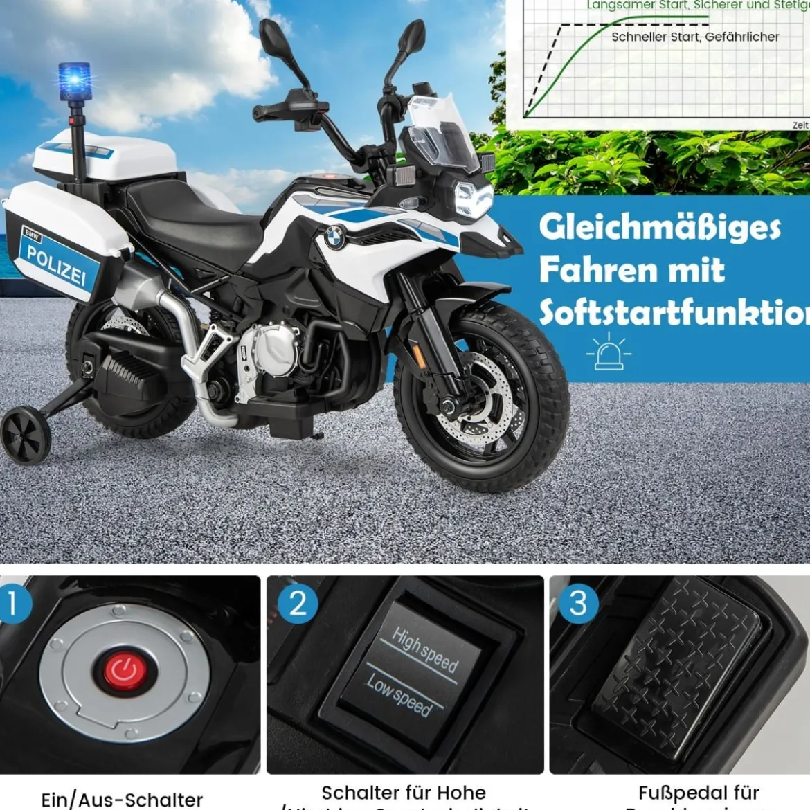 Polizeimotorrad für Kinder Akkubetriebenes Motorrad mit 2 Stützrädern 110 x 82,5 x 63 cm Weiß