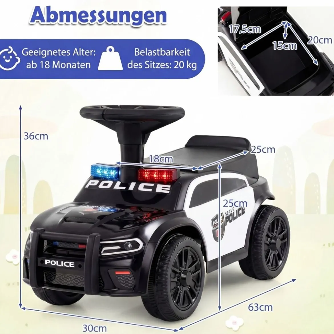 Polizei-Rutscher-Auto für Kleinkinder Rutschauto mit blinkenden Lichtern Musik Sirene Weiß