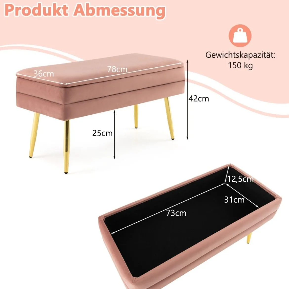 Polsterbank mit Stauraum & Metallbeine Schminkbank Moderner Aufbewahrungsbank Rosa