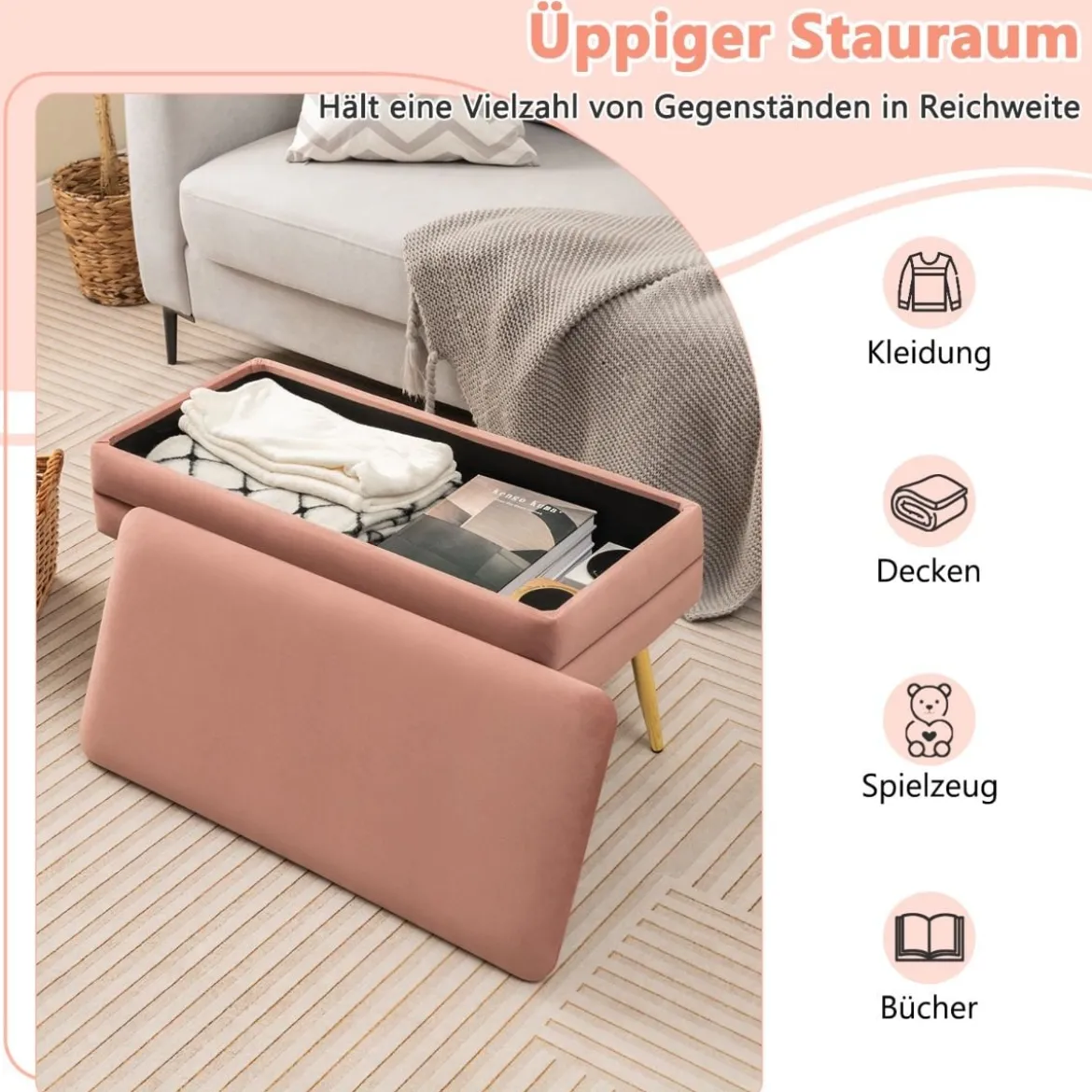 Polsterbank mit Stauraum & Metallbeine Schminkbank Moderner Aufbewahrungsbank Rosa