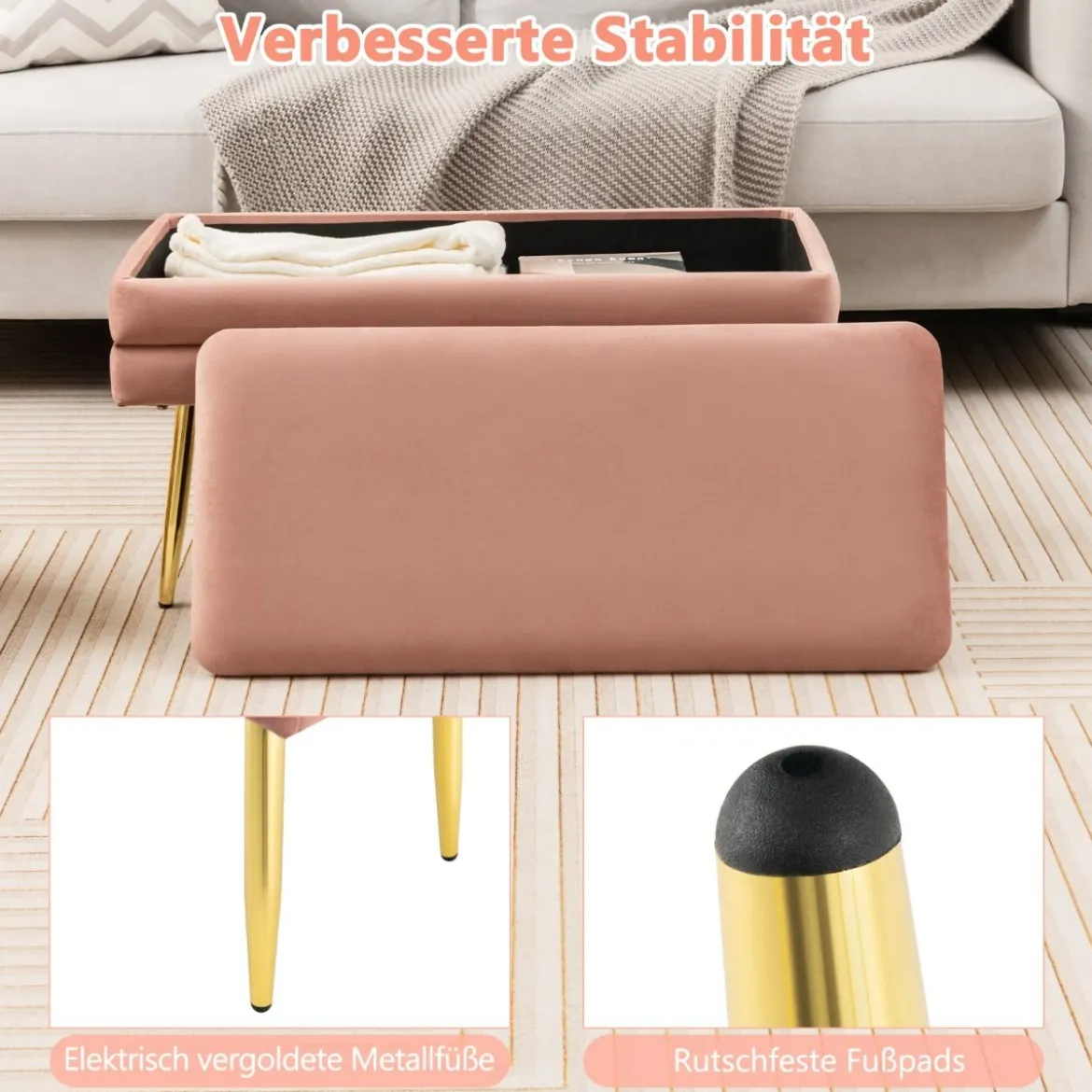 Polsterbank mit Stauraum & Metallbeine Schminkbank Moderner Aufbewahrungsbank Rosa