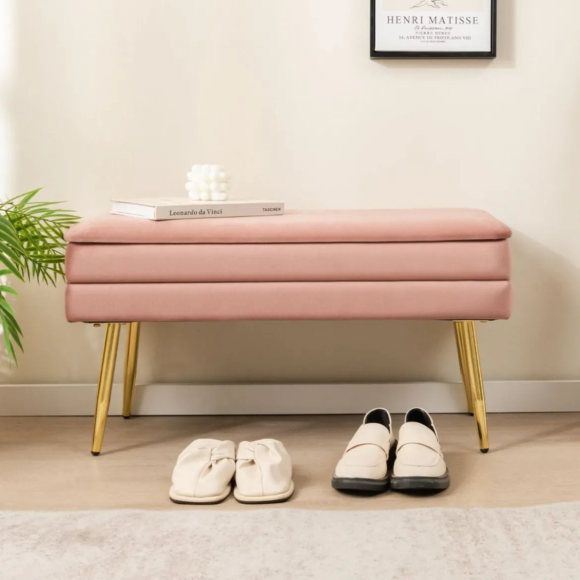 Polsterbank mit Stauraum & Metallbeine Schminkbank Moderner Aufbewahrungsbank Rosa