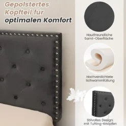 Polsterbett 200 x 180 cm Doppelbett mit Lattenrost & Kopfteil Gepolstertes Bettrahmen Grau Bettgestell bis 450 kg belastbar