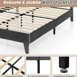Polsterbett 200 x 180 cm Doppelbett mit Lattenrost & Kopfteil Gepolstertes Bettrahmen Grau Bettgestell bis 450 kg belastbar