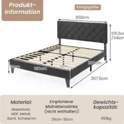 Polsterbett 200 x 180 cm Doppelbett mit Lattenrost & Kopfteil Gepolstertes Bettrahmen Grau Bettgestell bis 450 kg belastbar