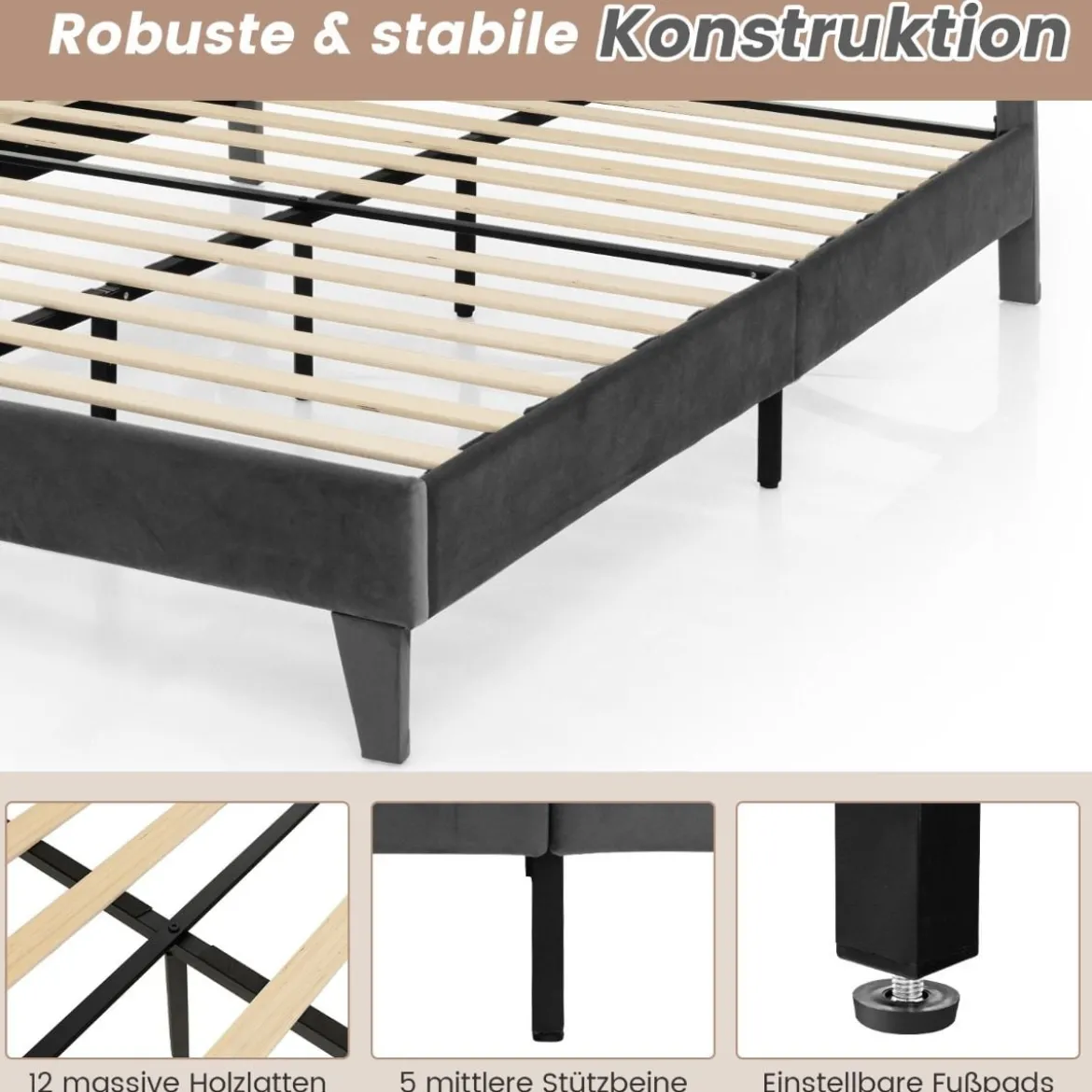 Polsterbett 200 x 140 cm Doppelbett mit Lattenrost & Kopfteil Gepolstertes Bettrahmen Grau Bettgestell bis 450 kg belastbar